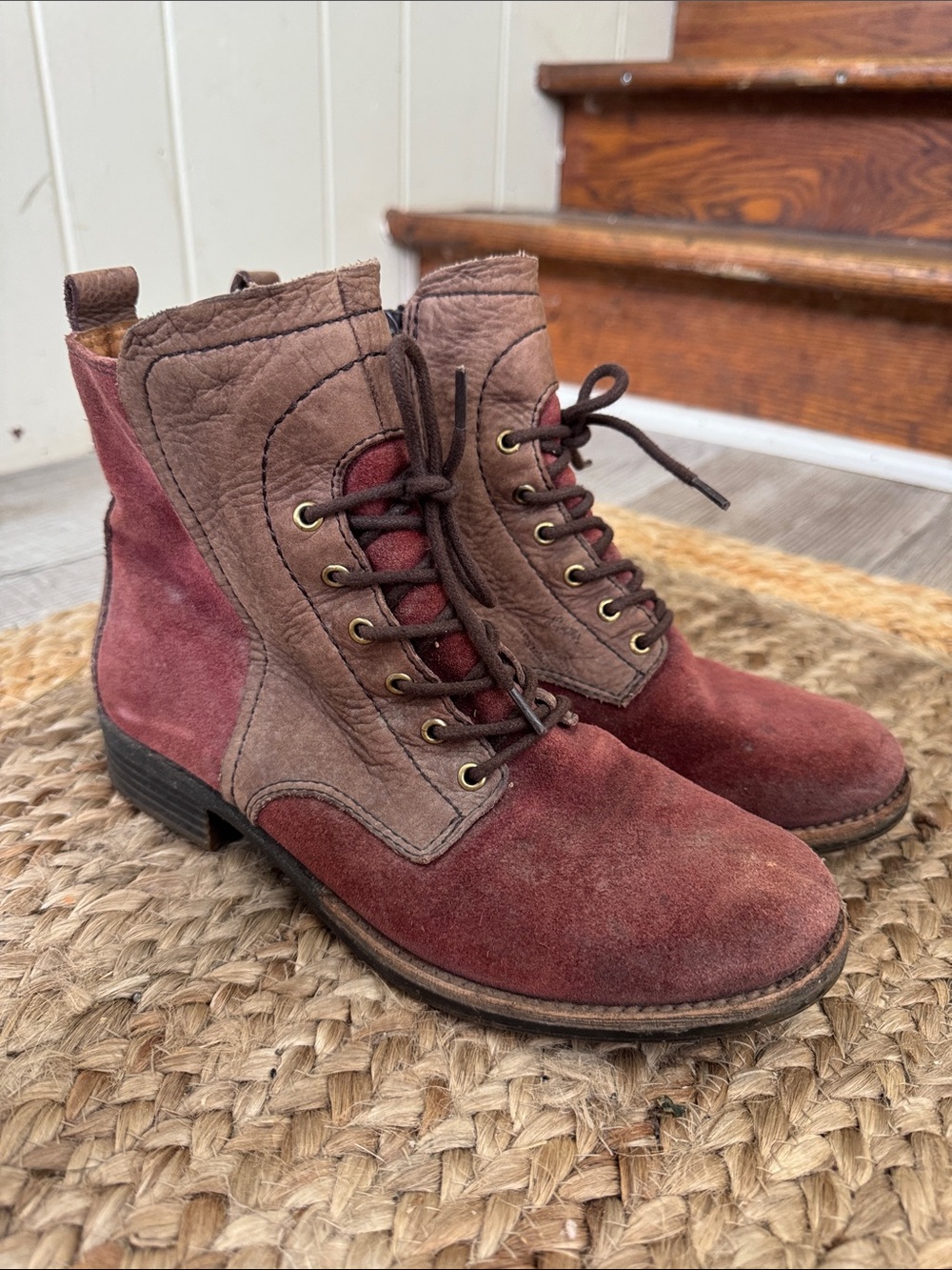 Naya Two-Tone Suede Lace-Up Boots in Burgundy and Taupe